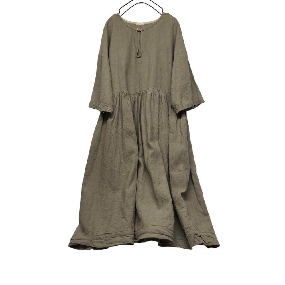 Japanese brand tumugu: Linen dress, wide dress, loose dress, brown
